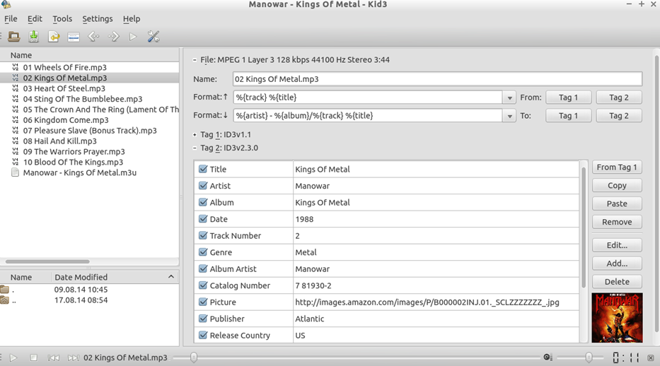 Kid3 MP3 tag editor interface showing batch processing of audio files