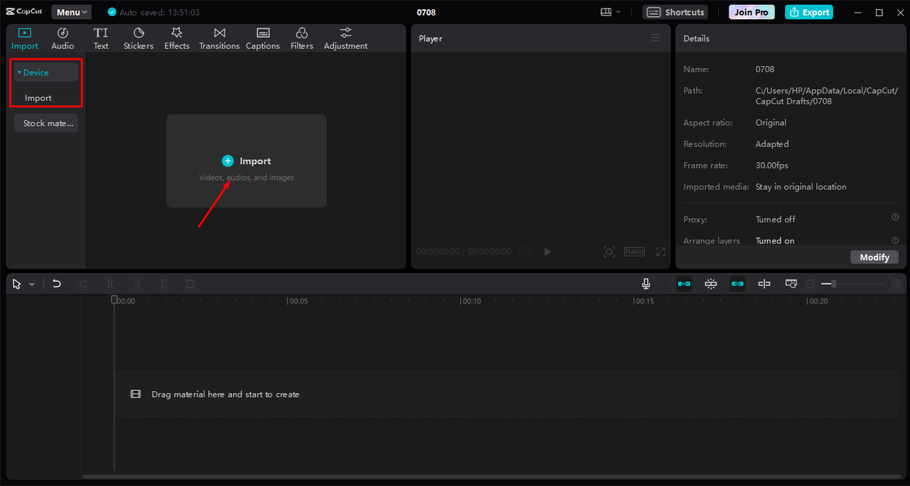 Importing an MP3 file for editing in the CapCut desktop video editor