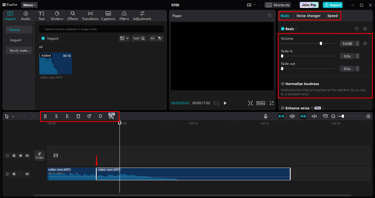 Editing the MP3 audio using advanced features of the CapCut desktop video editor