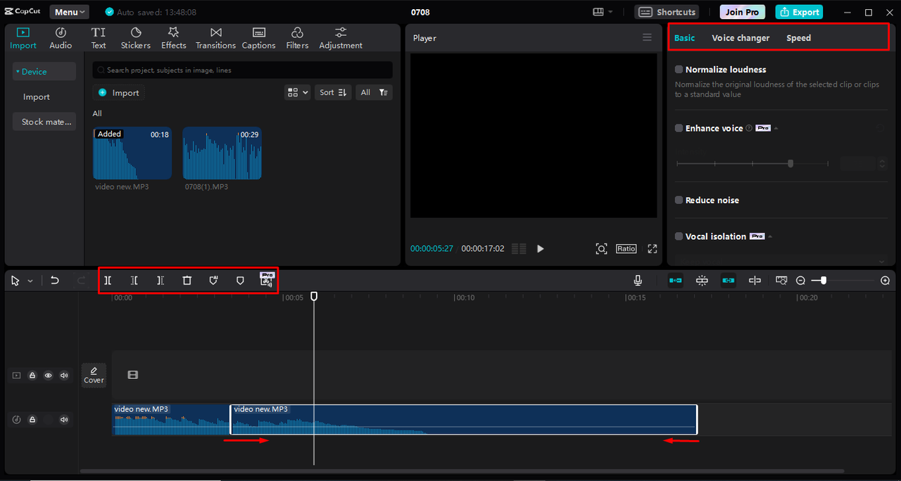 Editing the audio by cutting and trimming in the CapCut desktop video editor 