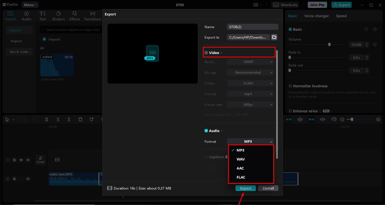 Exporting MP3 audio from the CapCut desktop video editor 