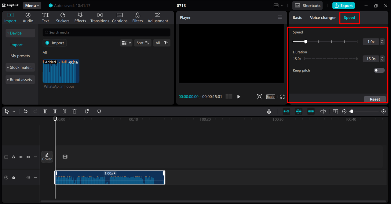 Changing the speed of audio in the CapCut desktop video editor