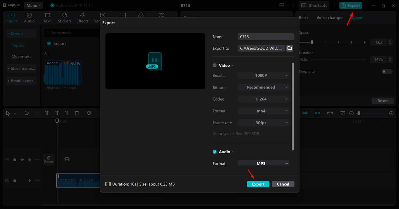 Exporting the audio file from the CapCut desktop video editor