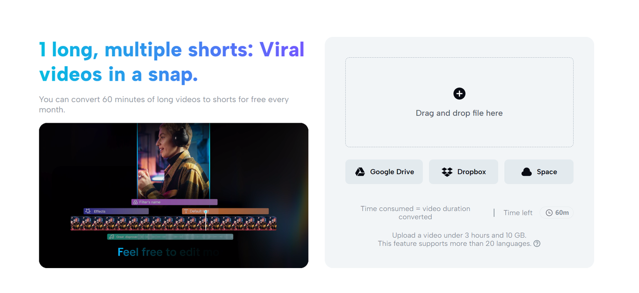 opening "Long video to shorts"