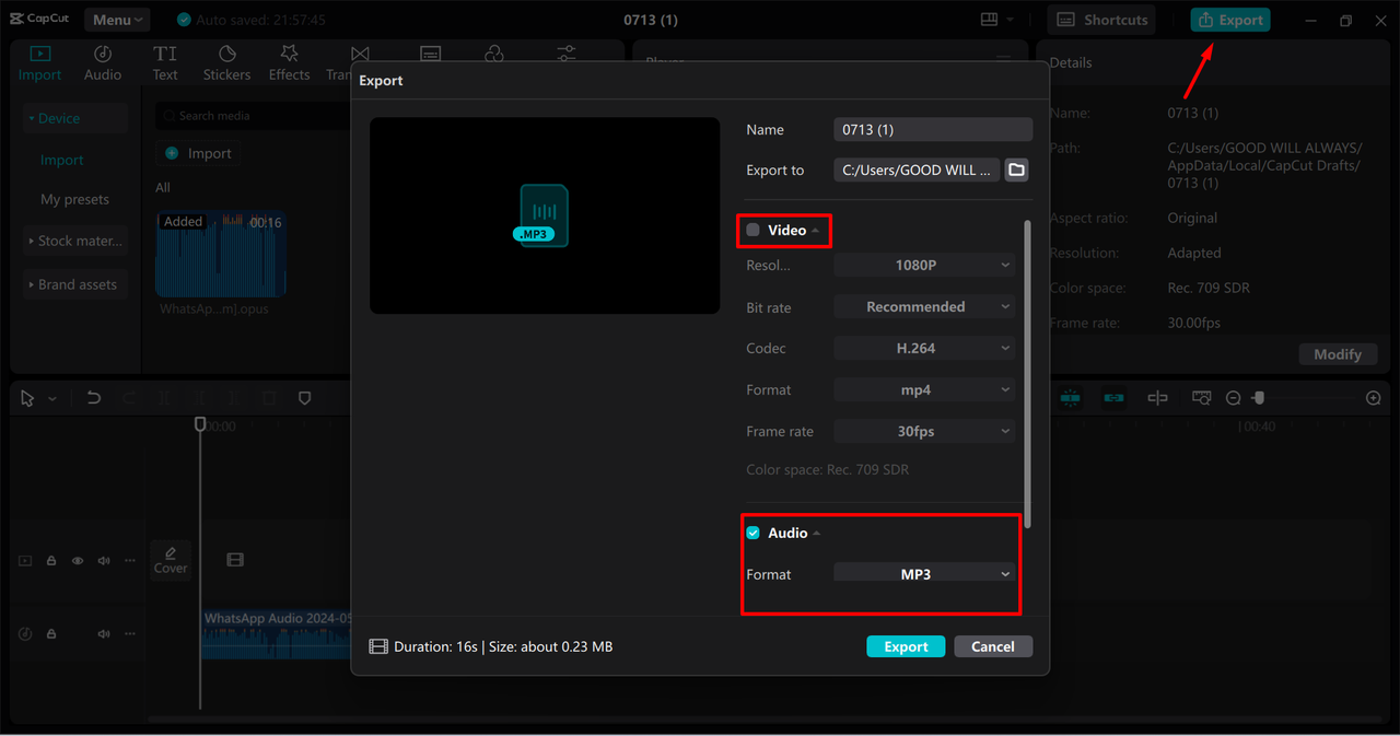 Exporting the audio from the CapCut desktop video editor