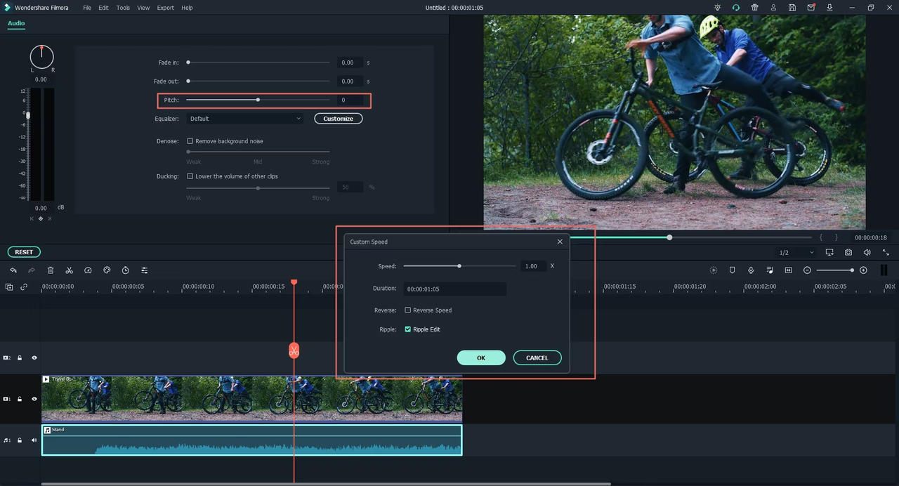 Editing interface of the Filmora - a well-known audio pitch changer