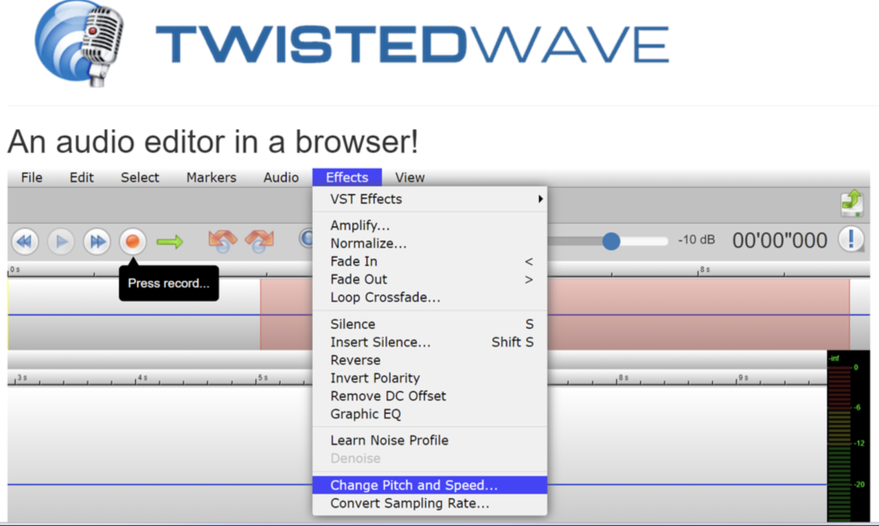 Changing the Pitch with TwistedWave Online - a robust online audio pitch changer