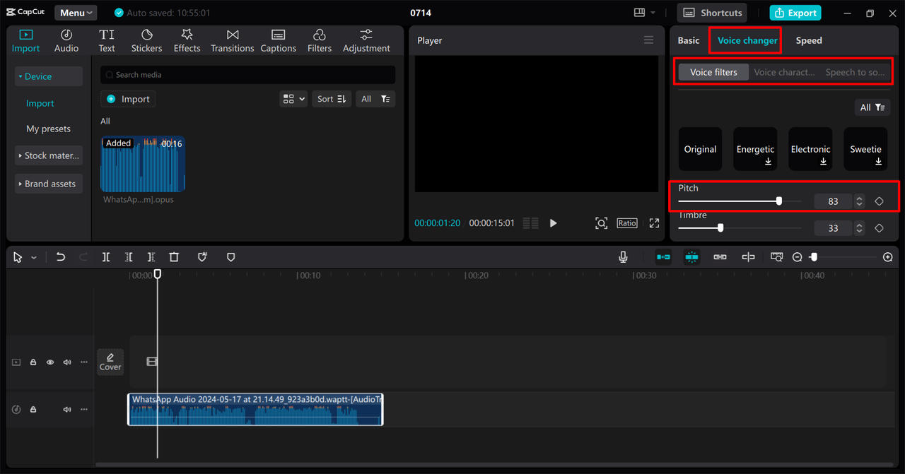 Adjusting the pitch of the MP3 in the CapCut desktop video editor