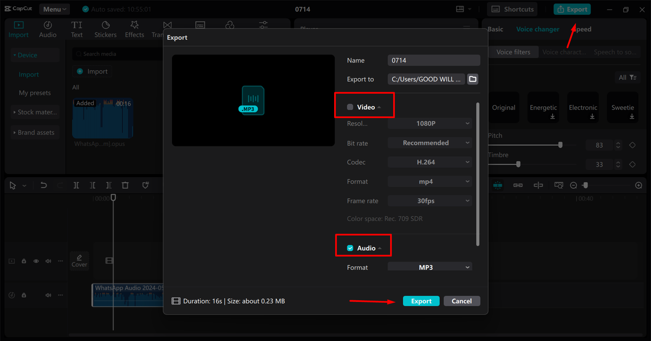 Exporting the audio from the CapCut desktop video editor