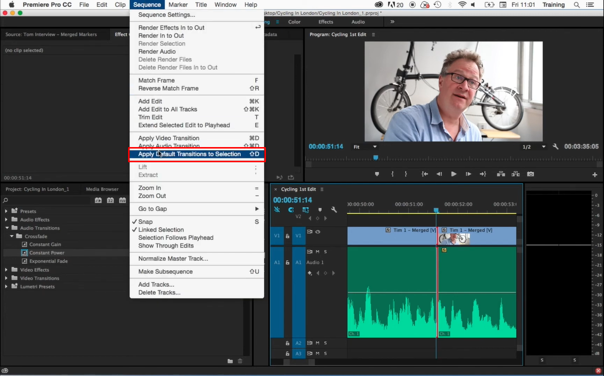 Showing how to fade audio in Premiere Pro using the default transition