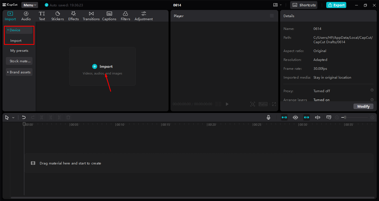 Uploading audio in the CapCut desktop video editor 