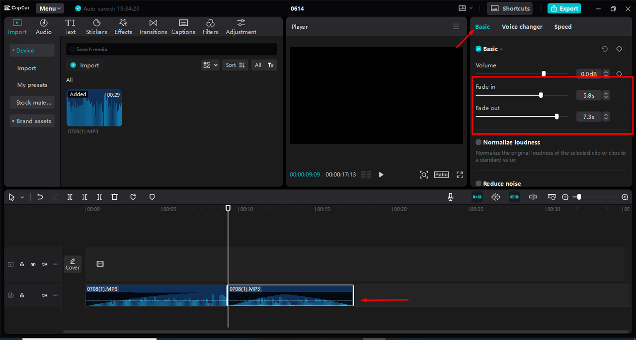 Applying fade in/out effect to audio in the CapCut desktop video editor 