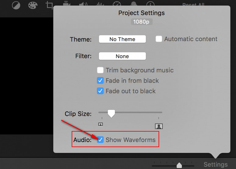 Enabling the "Show Waveform" option in iMovie