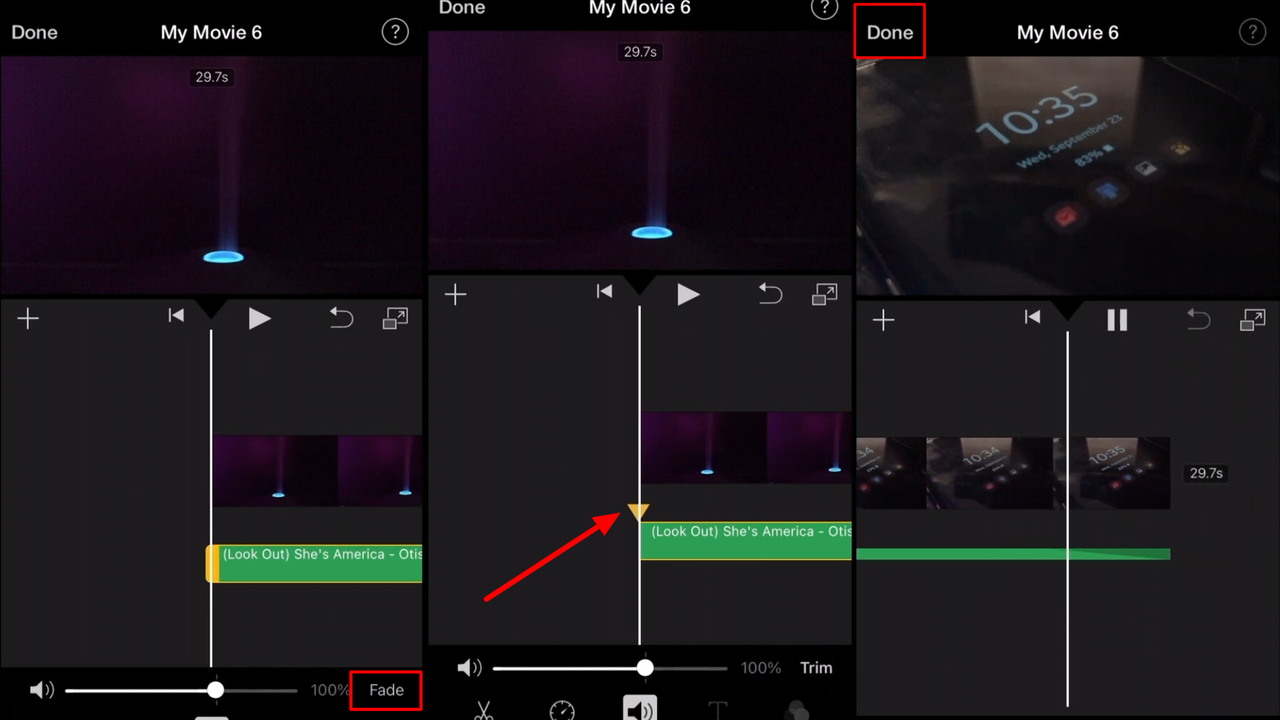 Showing how to fade music in iMovie on iPhone