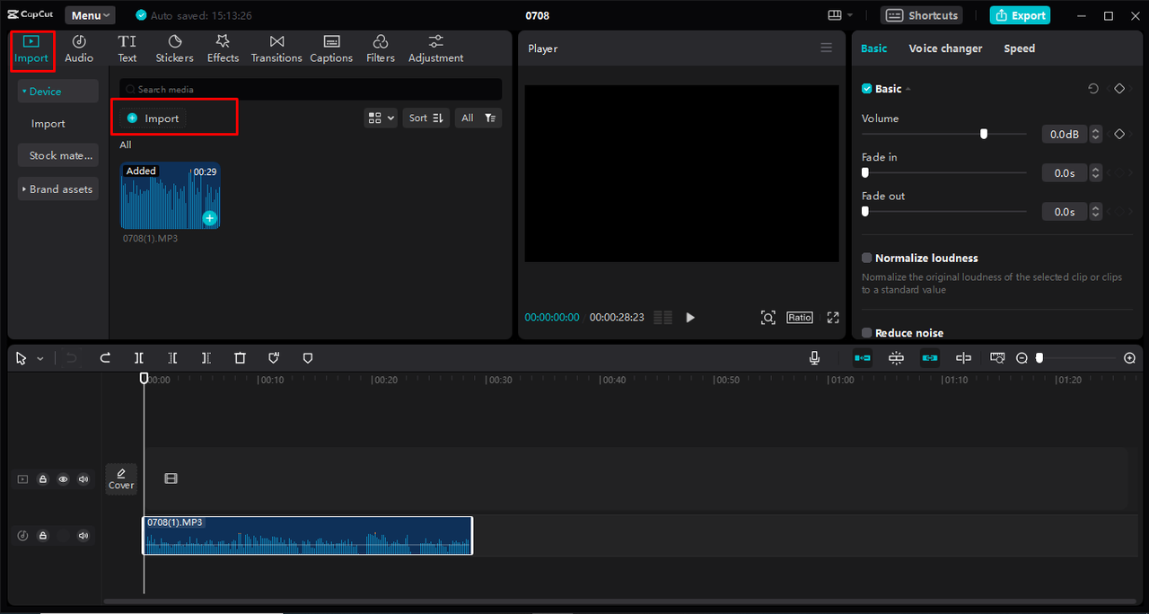 Importing audio to create a ringtone in the CapCut desktop video editor