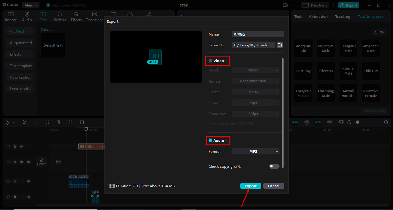 Exporting ringtone from the CapCut desktop video editor