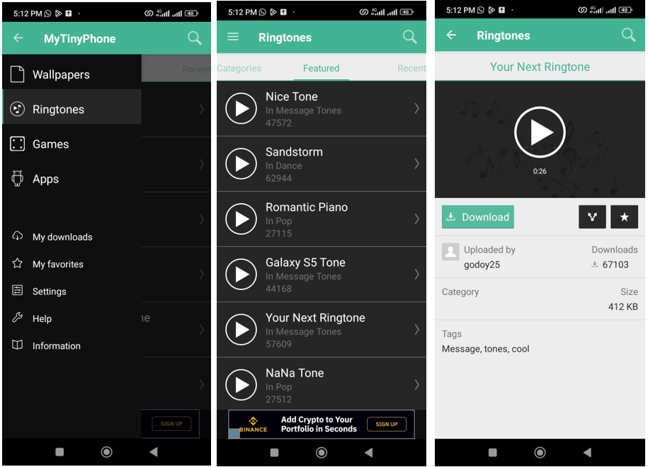 Using MTP Ringtones & Wallpapers app on mobile for creating ringtones 