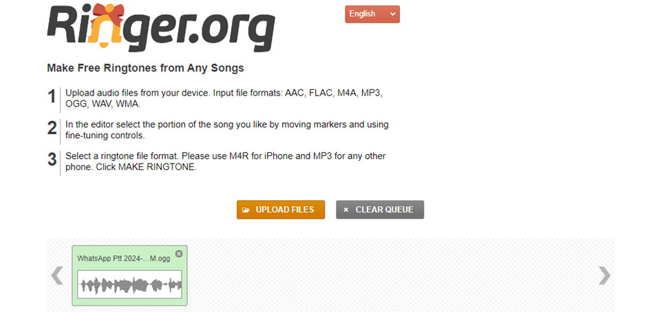 Interface of the Ringer - a perfect online ringtone generator