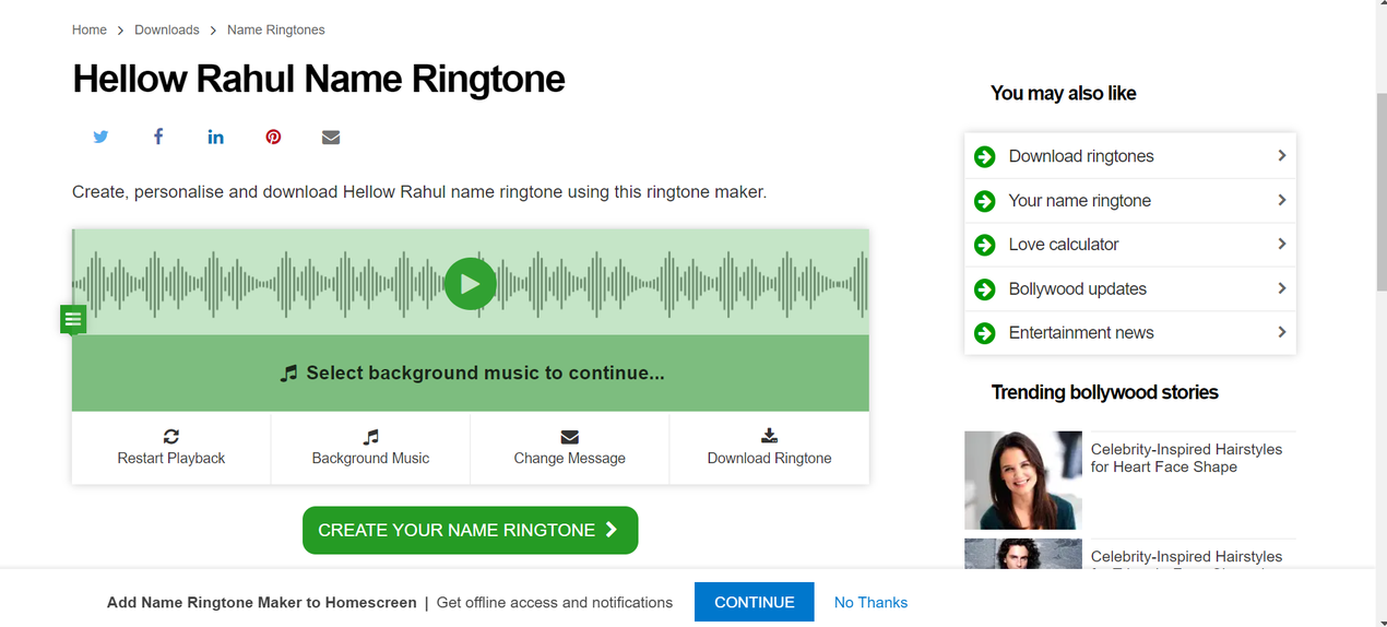 Creating a ringtone online for free with a name using Prokerala