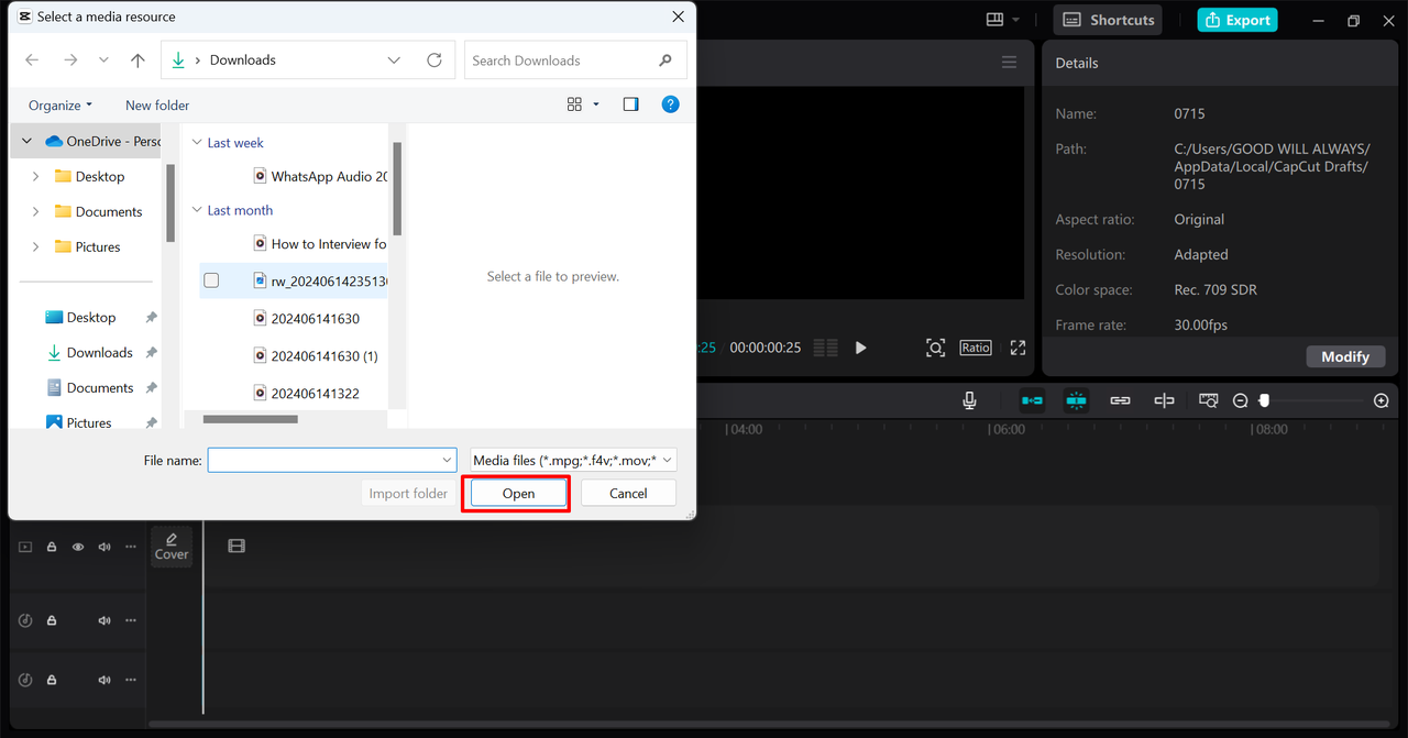 Importing the video in the CapCut desktop video editor