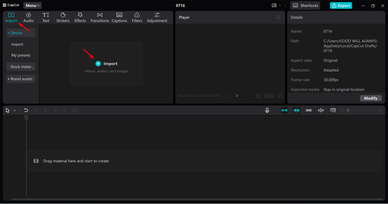 Importing file to the CapCut desktop video editor 