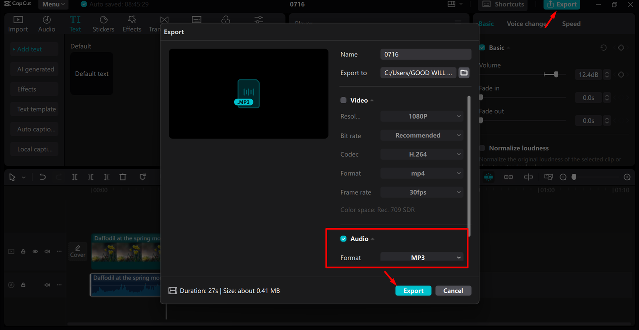 Exporting a customized ringtone from the CapCut desktop video editor