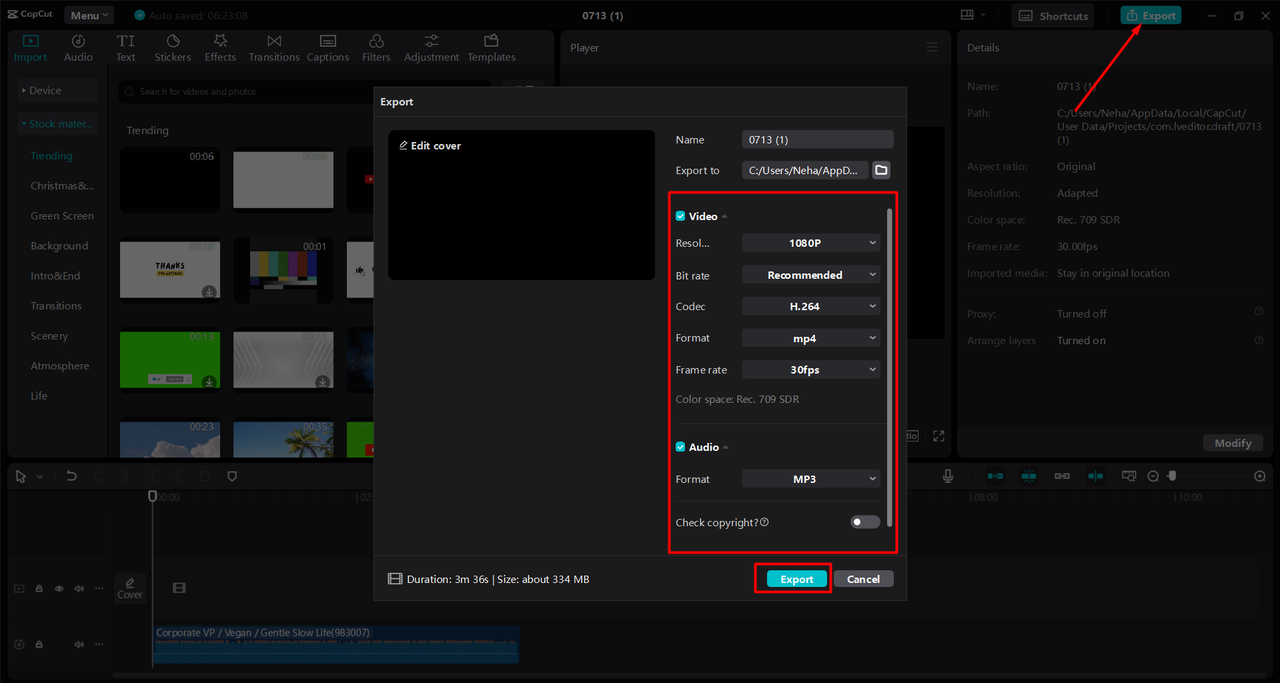 Exporting video to the PC from the CapCut desktop video editor