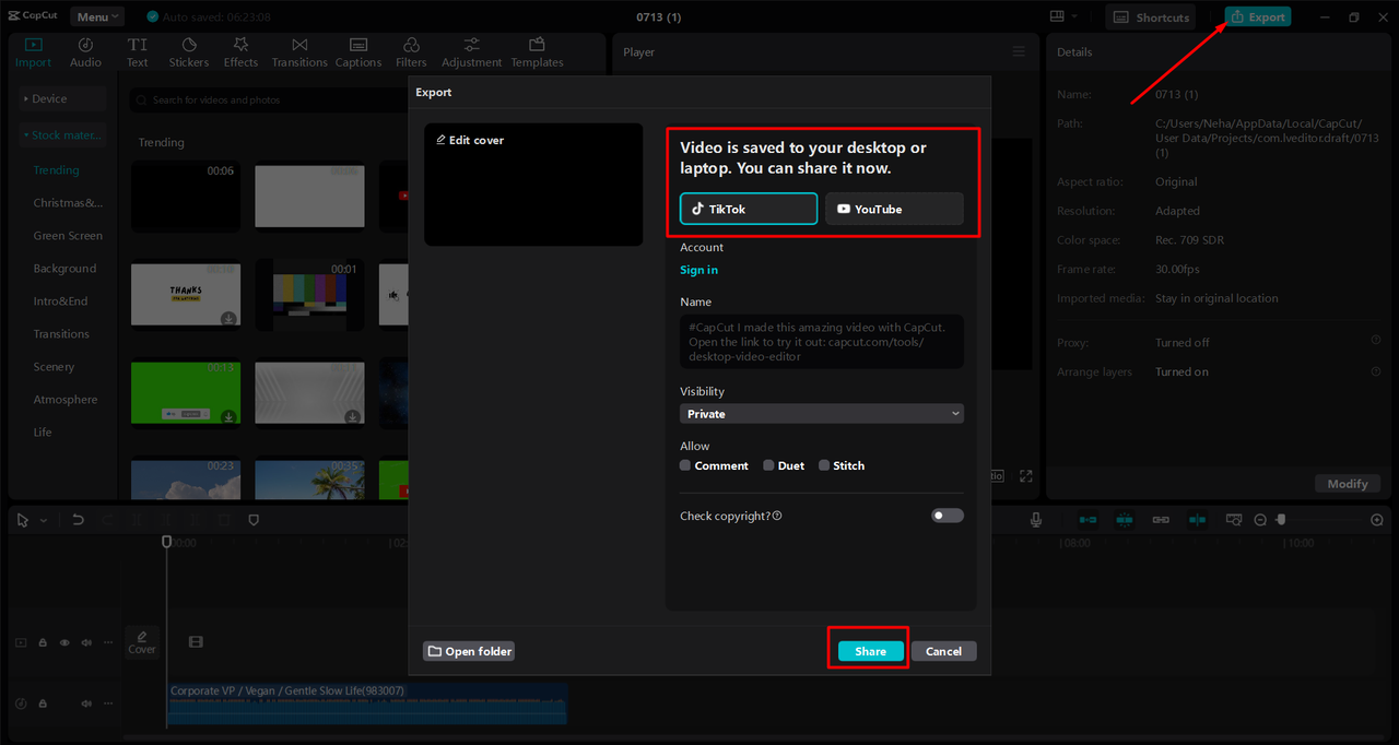 Exporting video to social media accounts directly from the CapCut desktop video editor