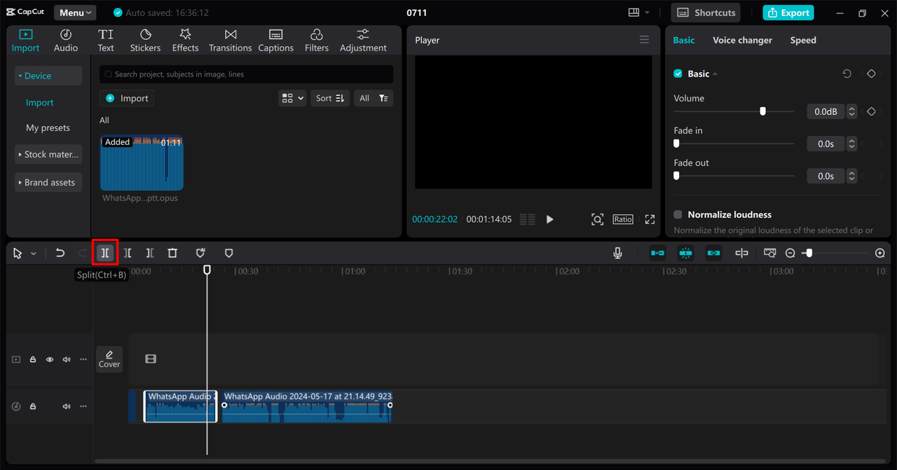 Using a split tool to cut MP3 files in the CapCut desktop video editor