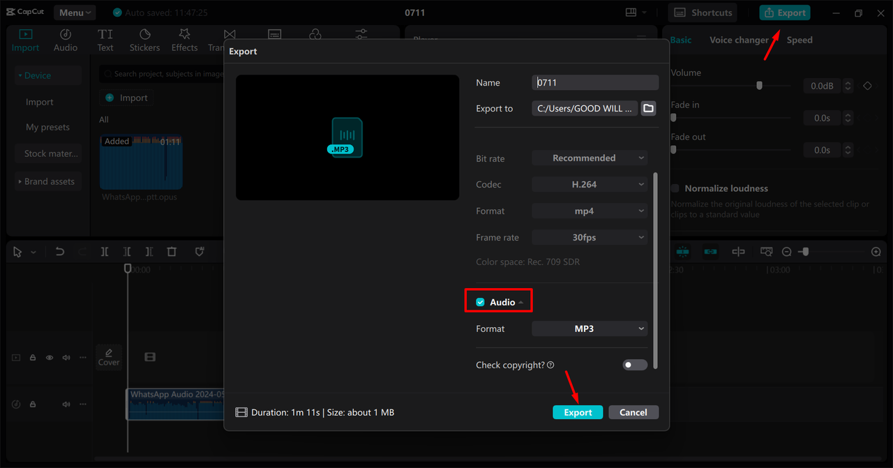 Exporting an audio file from the CapCut desktop video editor