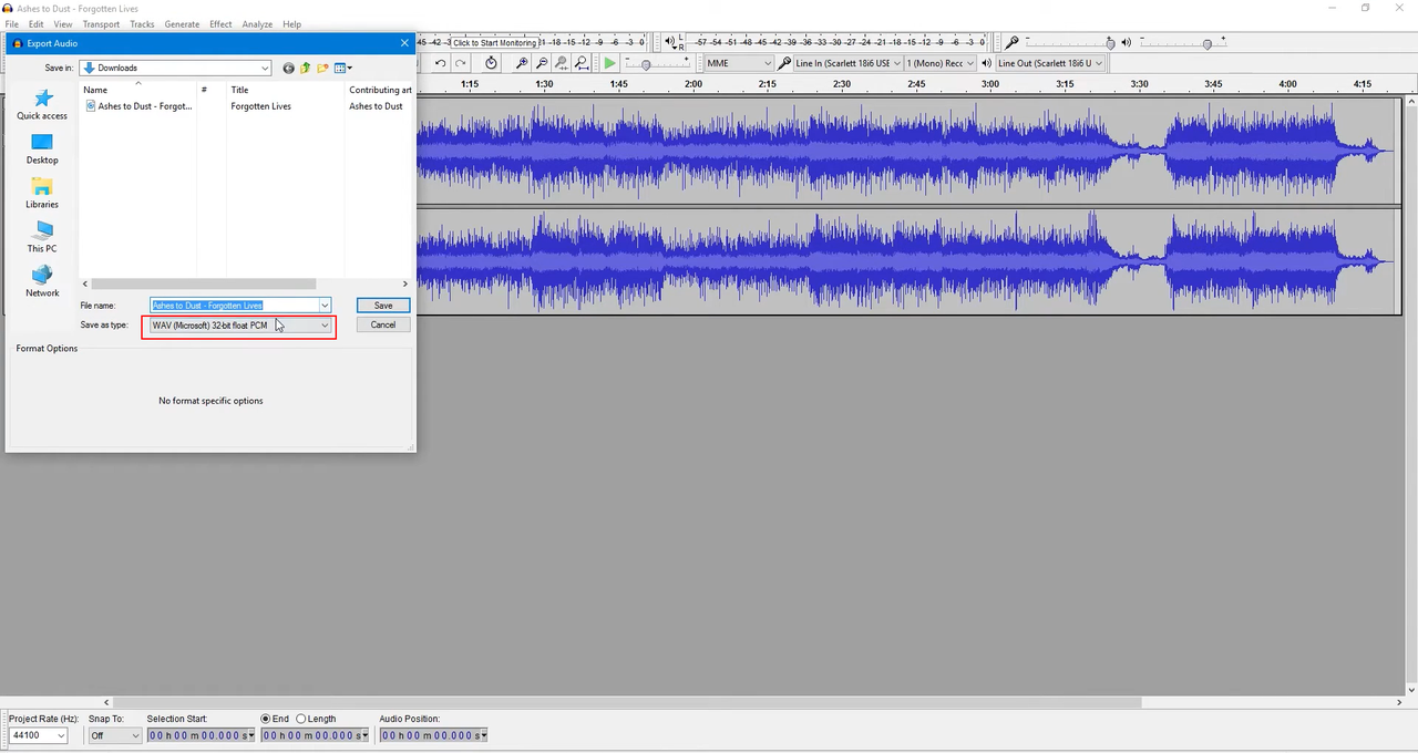 convert aac audio file to wav with Audacity