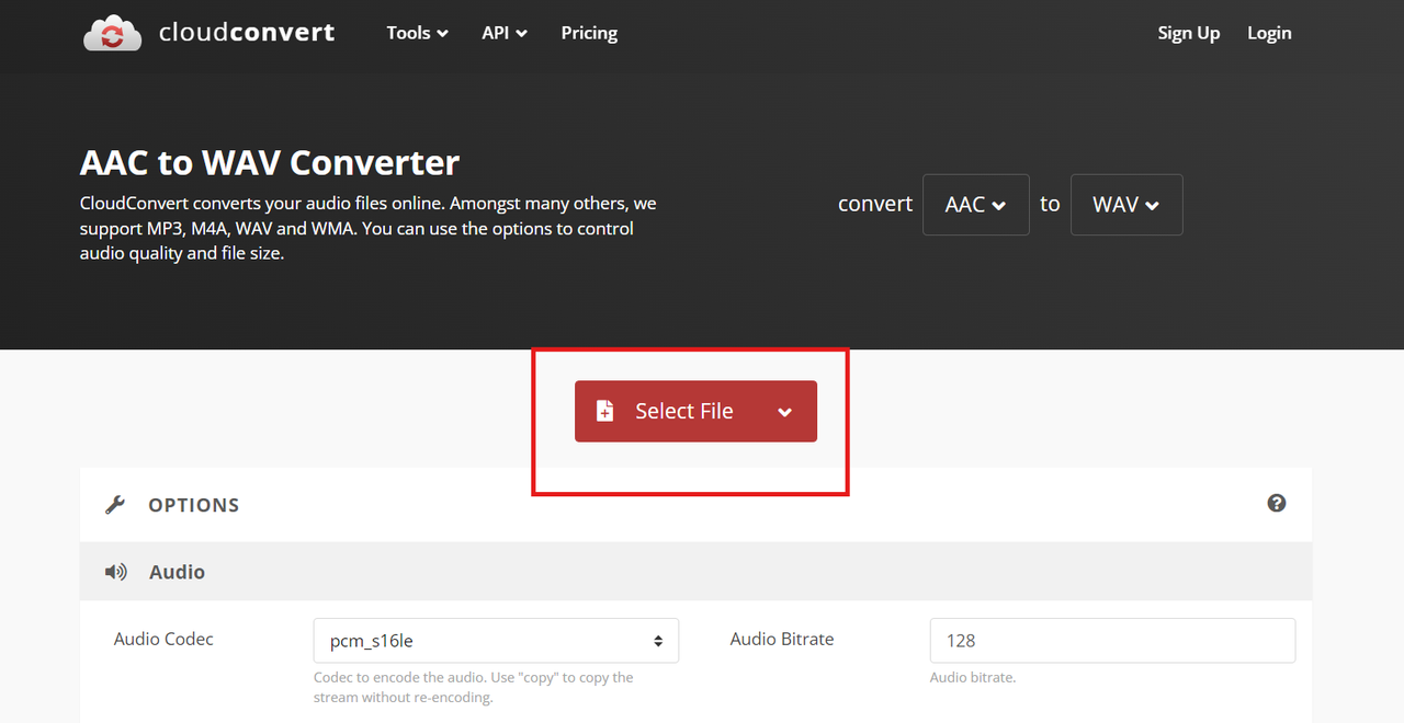convert aac audio file to wav with CloudConvert