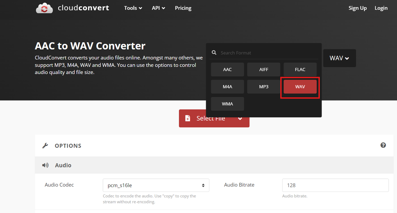 convert aac file to wav with CloudConvert