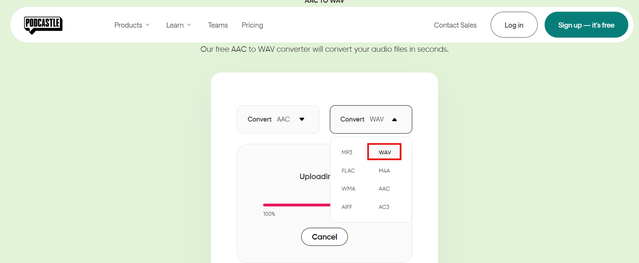 change aac to wav with Podcastle
