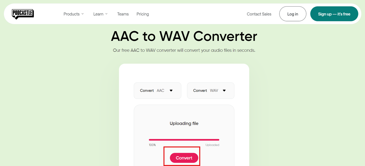 convert aac audio file to wav with Podcastle