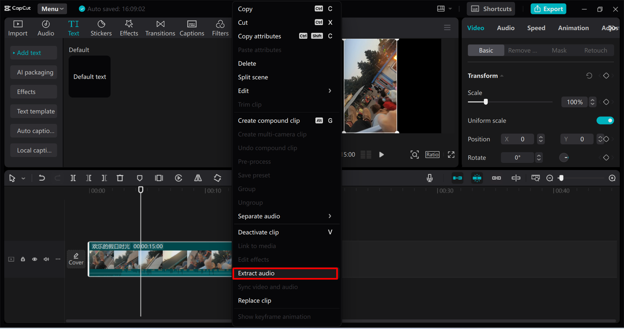 Extracting audio to turn TikTok video into ringtone with CapCut desktop video editor