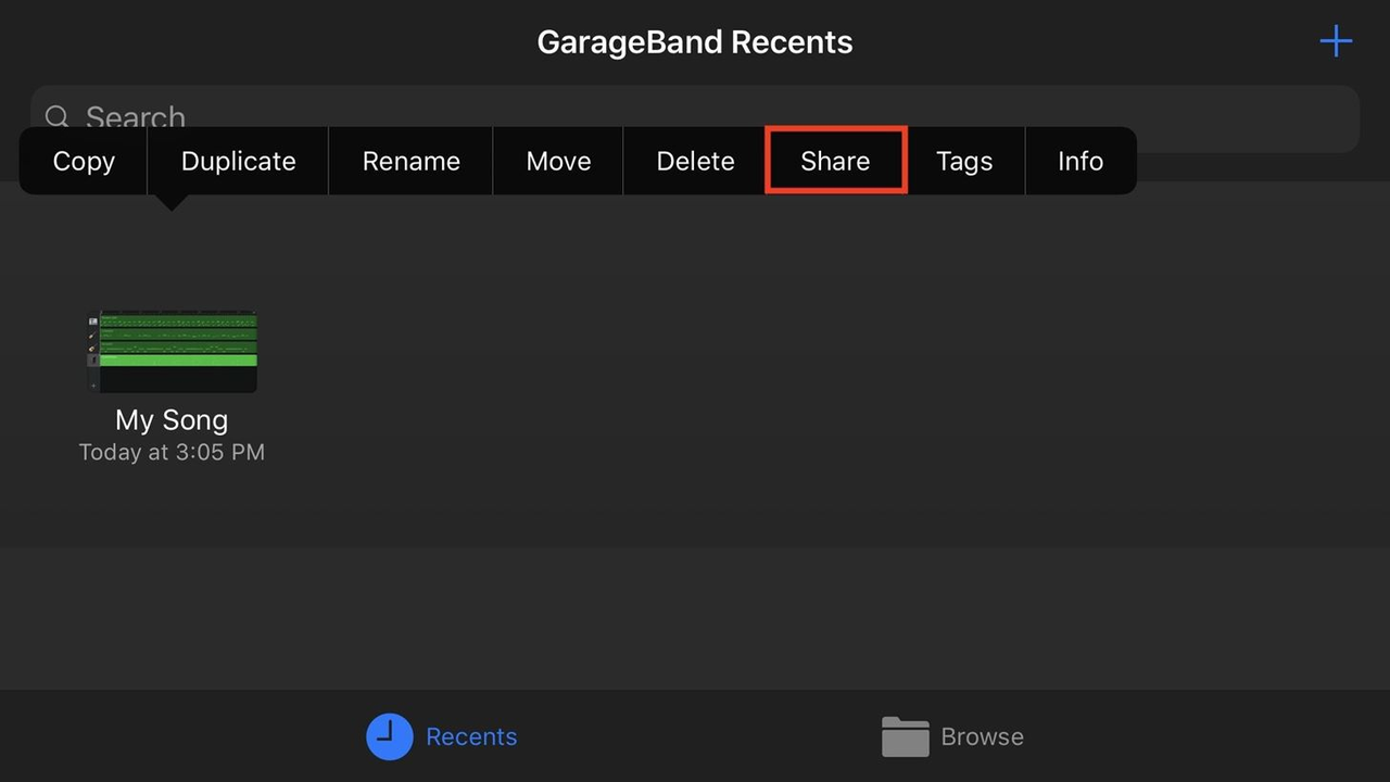 Sharing audio from GarageBand to make a ringtone from voice recording on an iPhone 