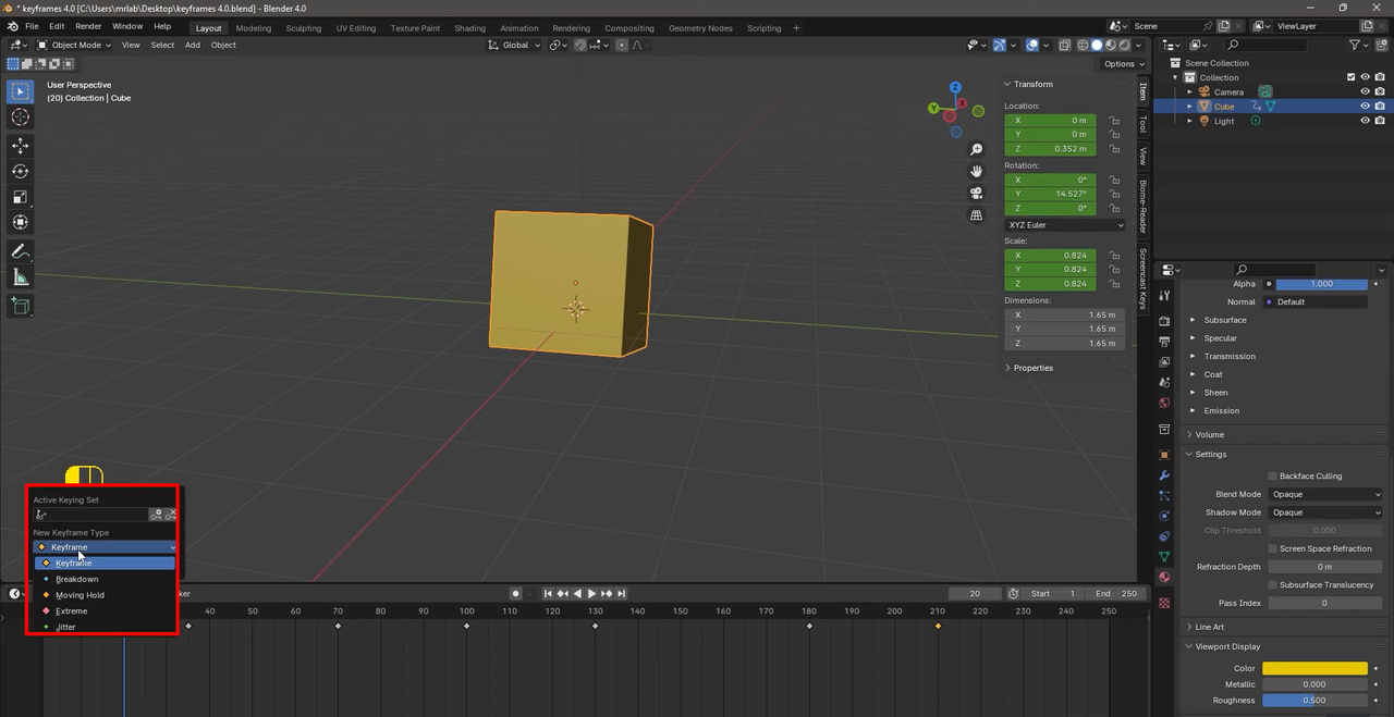 Types of keyframes in animation workflow in Blender 