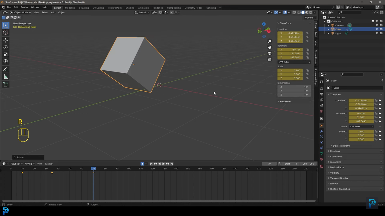 Interface showing how to add keyframes in Blender