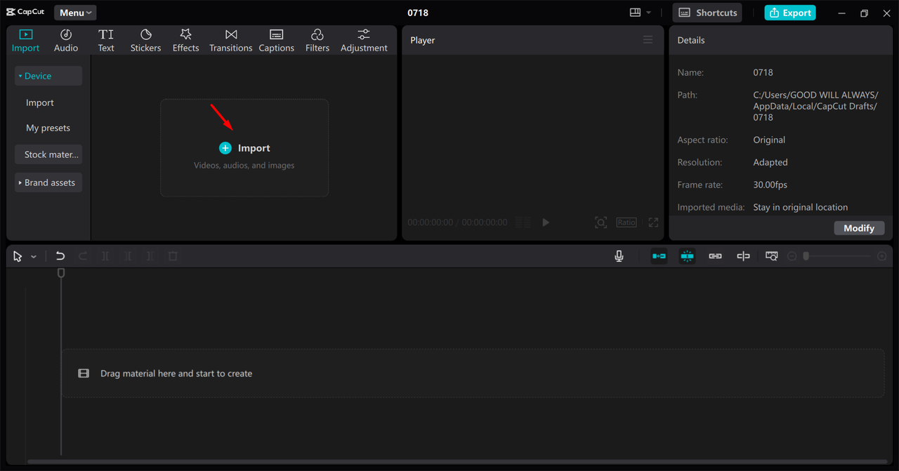 Importing the media to add keyframes in the CapCut desktop video editor