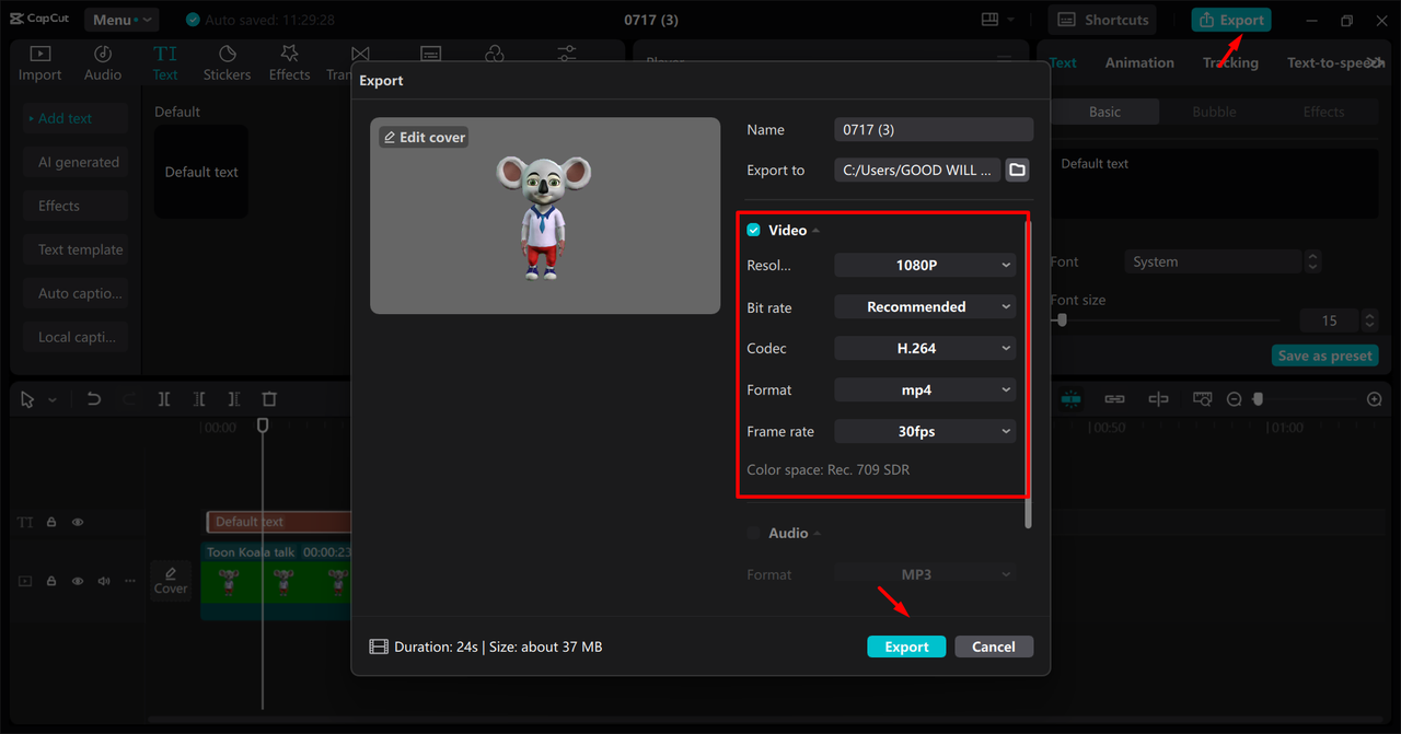 Exporting the video from the CapCut desktop video editor