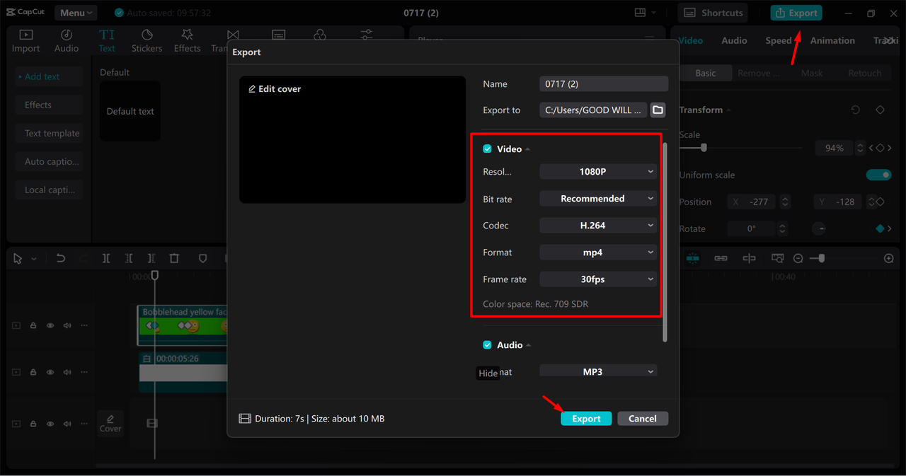 Exporting the video from the CapCut desktop video editor