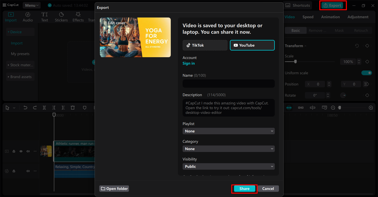 Sharing the media on YouTube from the CapCut desktop video editor