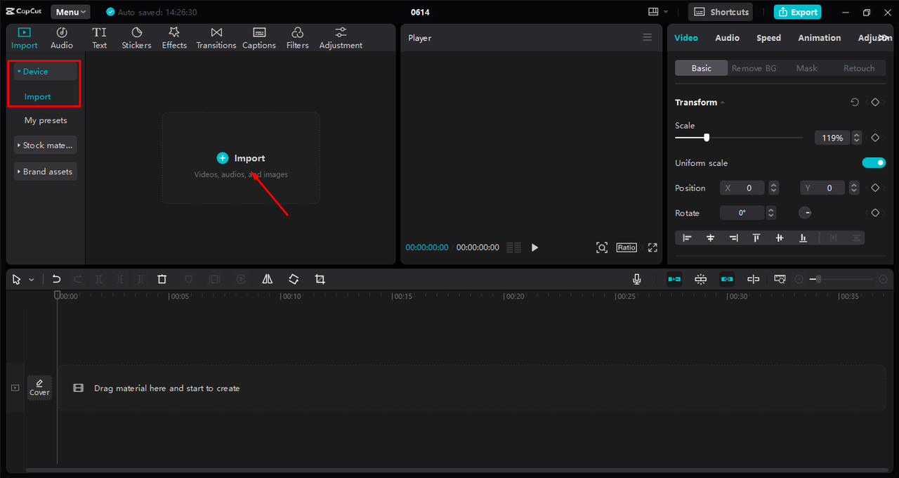 Uploading media to make a thumbnail in the CapCut desktop video editor 