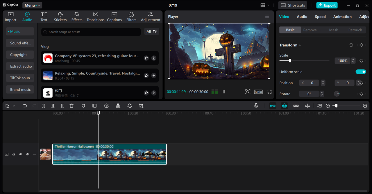 Editing interface of the CapCut desktop video editor - a robust thumbnail maker