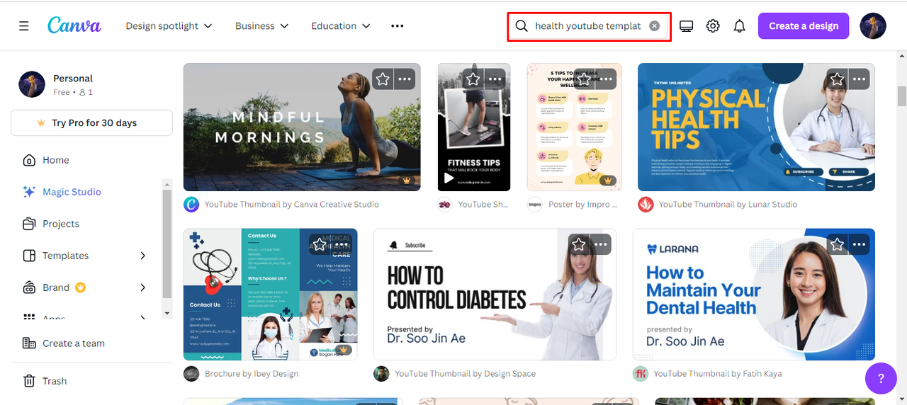 Searching for Canva thumbnail templates in your niche