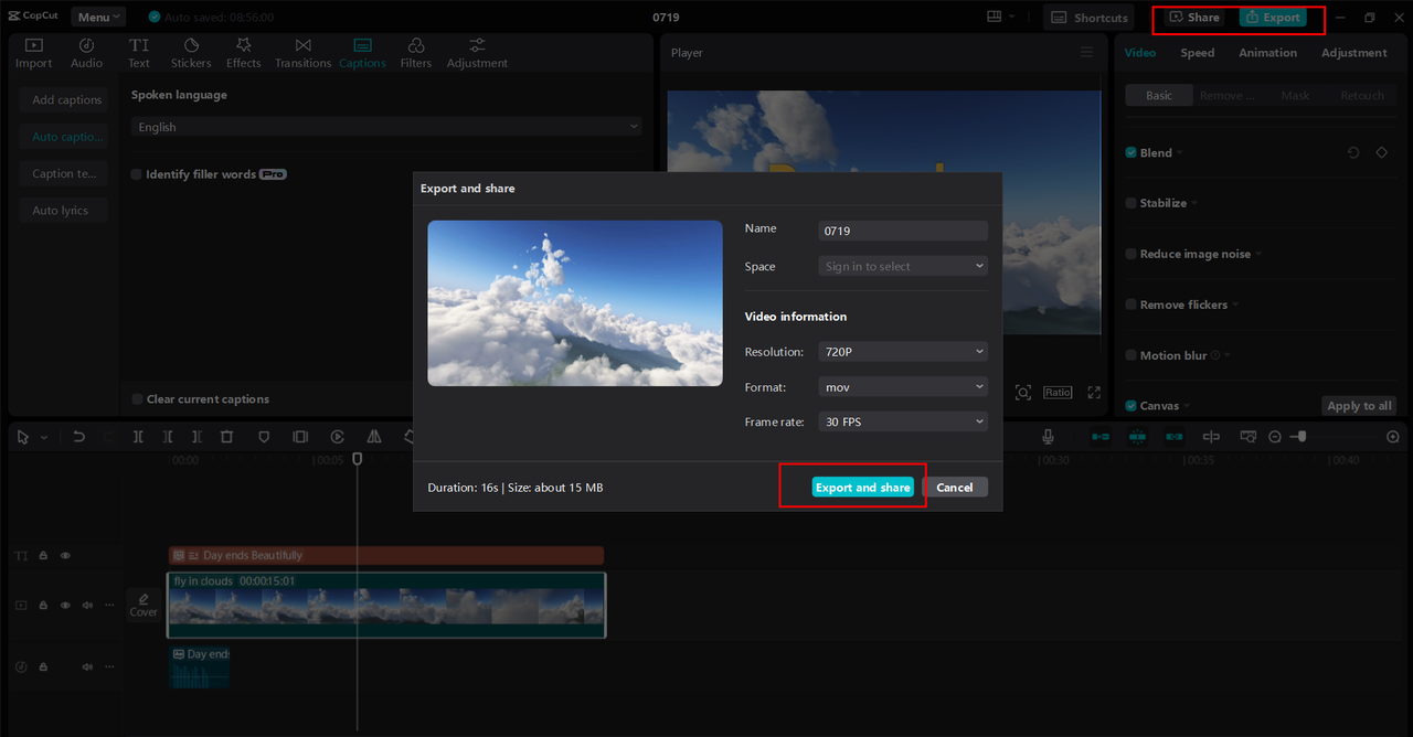 Exporting or sharing the documentary film from the CapCut desktop video editor