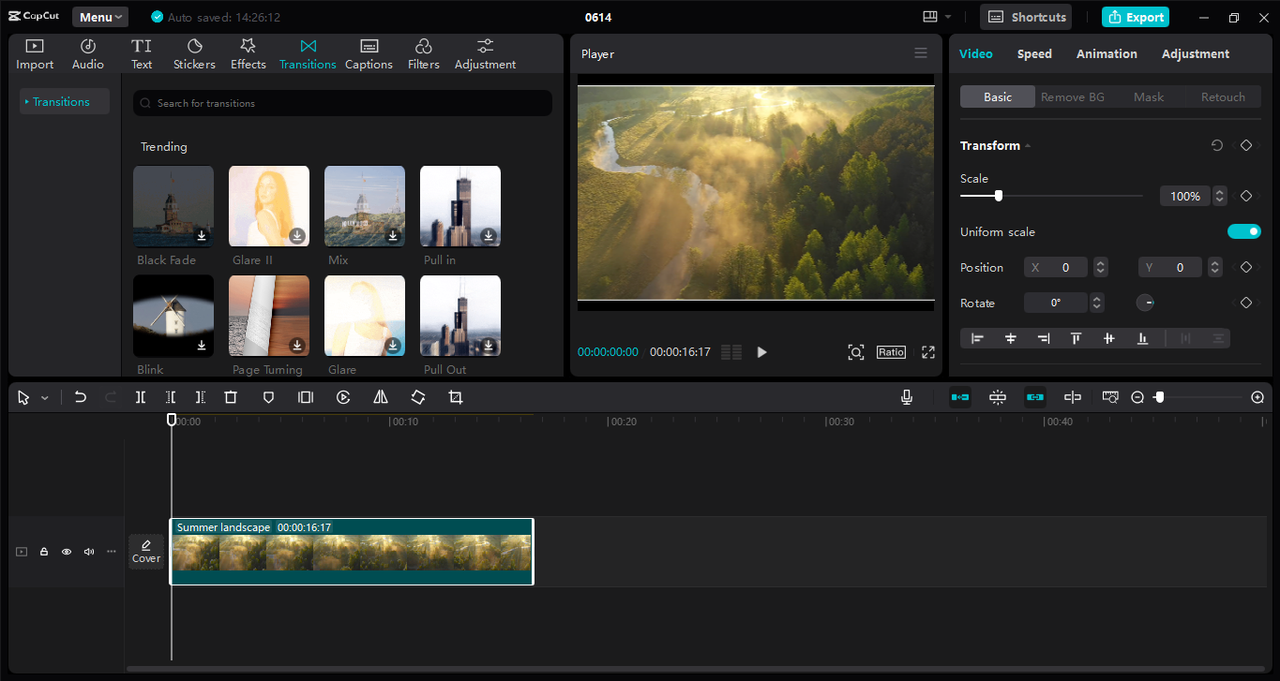 Interface of the Capcut desktop video editor — the best tool to fade videos for creative effects