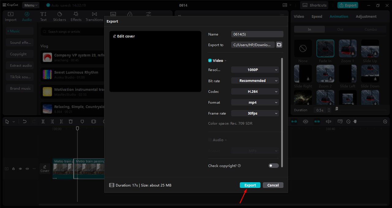 Exporting video after fading in the CapCut desktop video editor 