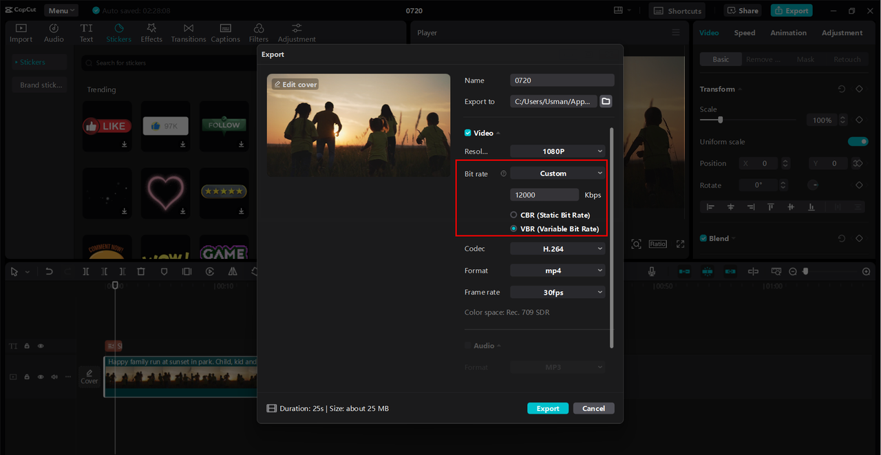 Manage bitrate and export video in CapCut Desktop Video Editor